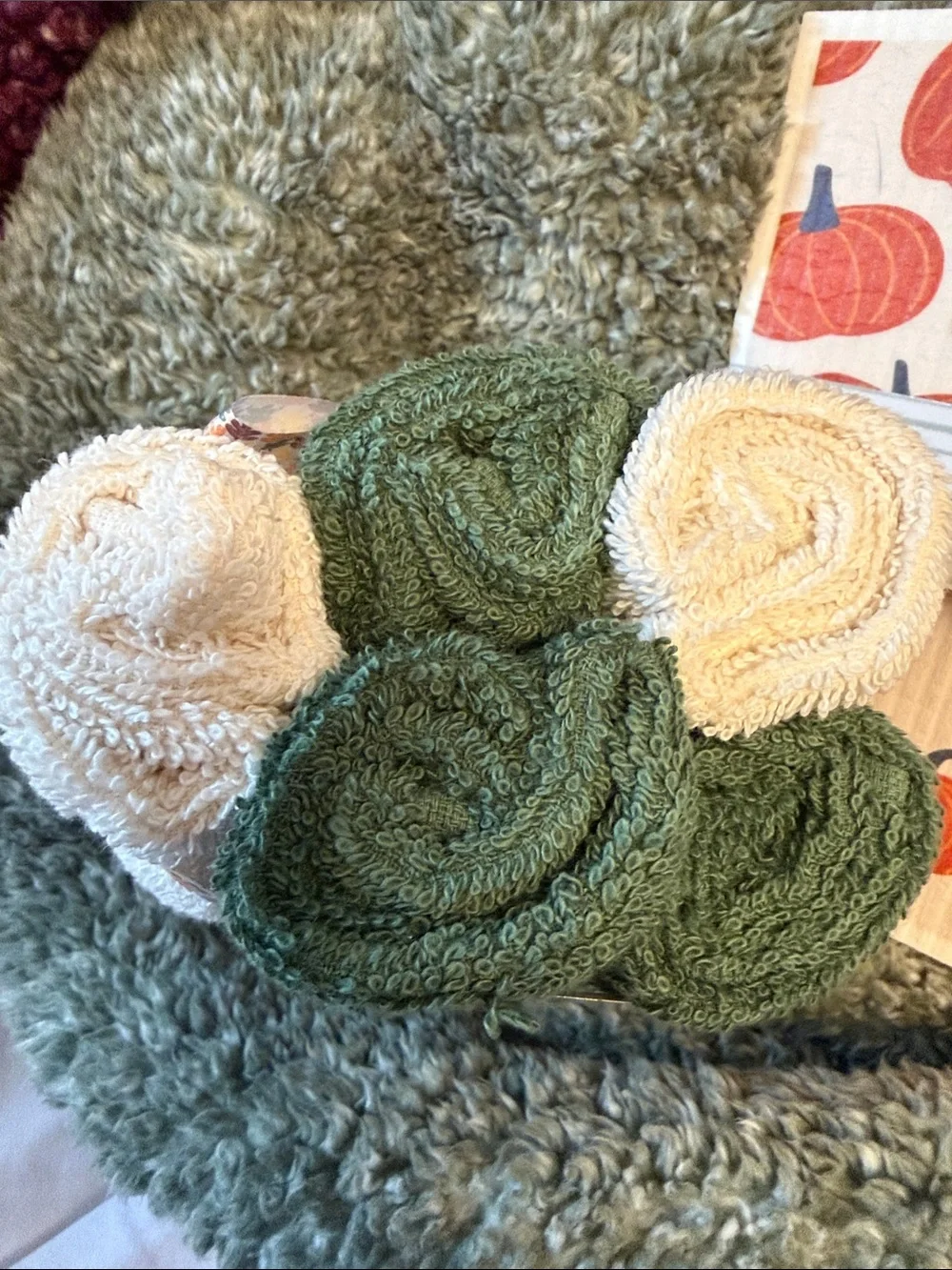 5 Fall Hand Towels w/Mushrooms & Fox! 2 Dish Cloth Sponges (pattern 2 vary)